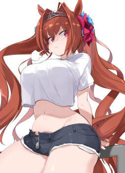 1girl against_railing animal_ears black_shorts breasts brown_eyes crop_top daiwa_scarlet_(umamusume) fang hair_intakes highres hip_bones horse_ears horse_girl horse_tail large_breasts mamo_williams midriff pink_hair railing shirt shorts simple_background skin_fang solo tail thick_eyebrows thighs tiara twintails umamusume white_background white_shirt