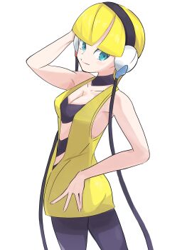 1girl aqua_eyes bandeau black_bandeau black_pantyhose blonde_hair blunt_bangs breasts cable choker cleavage collarbone commentary dress elesa_(pokemon) hand_up headphones highres looking_back nintendo pantyhose pokemon pokemon_black_and_white short_hair simple_background sleeveless sleeveless_dress solo tabo_(tabokicchan) white_background yellow_dress