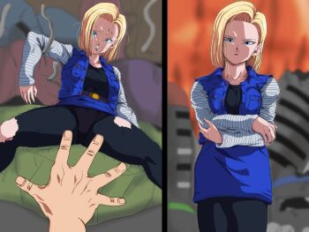 Rule 34 | 1girl, android 18, belt, blonde hair, blue eyes, breasts, closed mouth, code null, commentary request, commission, defeat, denim, dragon ball, dragonball z, earrings, highres, instant loss, jacket, jewelry, long sleeves, looking at viewer, panties, panties under pantyhose, pantyhose, pov, shirt, short hair, skeb commission, skirt, smile, torn clothes, torn pantyhose, underwear