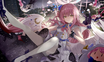 Rule 34 | 1girl, absurdres, black scrunchie, blue archive, blue bow, blue flower, bow, capelet, closed mouth, commentary, dress, english commentary, flower, hair between eyes, hair flower, hair ornament, halo, highres, jsscj, long hair, looking at viewer, mika (blue archive), pantyhose, pink hair, pink halo, purple shoes, scrunchie, shoes, smile, solo, thighband pantyhose, white capelet, white dress, white pantyhose, white scrunchie, wrist scrunchie, yellow eyes