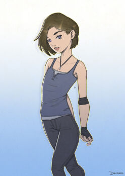 1girl aged_down arched_back arms_behind_back artist_name black_gloves black_pants blue_background blue_eyes blue_shirt brown_hair capcom child collarbone druidon feet_out_of_frame female_focus fingerless_gloves flat_chest from_side gloves gradient_background jewelry jill_valentine lips looking_at_viewer looking_to_the_side necklace pants resident_evil resident_evil_3:_nemesis serious shirt short_hair simple_background sleeveless sleeveless_shirt solo standing teeth two-tone_background white_background