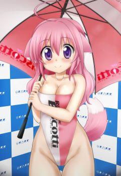 Rule 34 | 1girl, absurdres, adapted costume, alternate costume, animal ears, blazer, checkered background, commentary request, cowboy shot, dog days, dog ears, dog girl, hair between eyes, highleg, highleg leotard, highres, jacket, koyomisa, legs together, leotard, long hair, looking at viewer, millhiore f. biscotti, multicolored leotard, pink hair, pink leotard, purple eyes, race queen, solo, standing, tail, tail raised, thigh gap, thighs, two-tone leotard, umbrella, wavy hair, white leotard