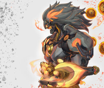 1boy absurdres banyue_(zenless_zone_zero) claws clothed_robot clothes_around_waist commentary commentary_request english_commentary fire floating_ball from_side glowing glowing_eyes glowing_hair glowing_mouth grey_background grey_hair gutong highres holding holding_orb humanoid_robot male_focus mixed-language_commentary open_mouth orb robot robot_boy solo upper_body zenless_zone_zero