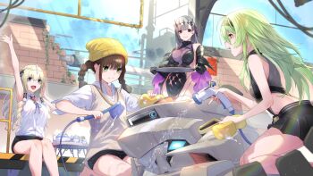 4girls absurdres black_skirt black_tiara blonde_hair blue_eyes braid brown_hair chime_(nikke) commentary_request crown_(nikke) drill_hair drill_sidelocks fune_(fune83ojj) goddess_of_victory:_nikke green_eyes green_hair grey_hair hat highres kilo_(nikke) long_hair long_sidelocks mecha modernia_(nikke) modernia_(second_affection)_(nikke) multiple_girls official_alternate_costume red_eyes robot shirt sidelocks skirt smile sweater_vest talos_(nikke) tiara twin_braids white_knight_(nikke) white_shirt yellow_hat