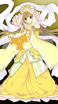 1girl bare_shoulders blonde_hair book closed_mouth detached_sleeves floating_book floating_object hair_between_eyes hands_up light_blush long_hair looking_at_viewer open_book own_hands_together red_eyes shawl smile solo split_mouth standing white_shawl wide_sleeves