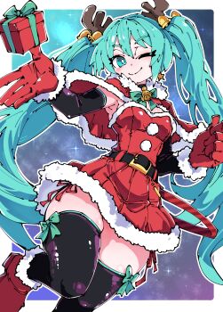 1girl absurdres bell belt belt_buckle black_arm_warmers black_belt black_choker black_sky black_thighhighs blue_eyes blue_hair blue_sky boots border bow bow_legwear bowtie breasts brown_boots buckle capelet choker christmas closed_mouth cloud commentary double-parted_bangs dress earrings elenagr english_commentary fake_antlers floating_hair fur-trimmed_boots fur-trimmed_capelet fur-trimmed_dress fur-trimmed_gloves fur_trim gloves gradient_sky green_bow green_bowtie green_trim hair_bell hair_between_eyes hair_ornament hatsune_miku highres incoming_gift jewelry long_hair looking_at_viewer medium_breasts neck_bell one_eye_closed outline pom_pom_(clothes) purple_sky red_capelet red_dress red_gloves rounded_corners sky sleeveless sleeveless_dress smile solo sparkle split_mouth star_(sky) star_(symbol) star_earrings strapless strapless_dress thighhighs very_long_hair vocaloid white_border white_outline zettai_ryouiki