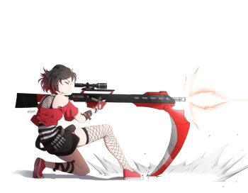 1girl ar_jart artist_name black_shorts brown_hair closed_mouth commentary crescent_rose english_commentary firing fishnet_thighhighs fishnets gradient_hair gun holding holding_gun holding_weapon multicolored_hair muzzle_flash off-shoulder_shirt off_shoulder on_one_knee one_eye_closed red_hair red_shirt red_shoes rifle ruby_rose rwby scope scythe shirt shoes short_shorts short_sleeves shorts simple_background single_thighhigh sniper_rifle solo thighhighs weapon white_background