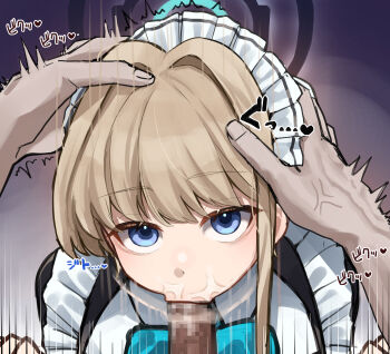 1boy 1girl :>= absurdres afterimage apron black_halo black_shirt blue_archive blue_bow blue_bowtie blue_eyes blue_hair bow bowtie brown_hair censored clothed_sex commentary_request fellatio frilled_apron frills gradient_background grey_background hair_intakes halo hands_on_another's_head hands_up heart hetero highres looking_at_viewer maid maid_headdress mosaic_censoring motion_lines oral paid_reward_available penis portrait pov pov_hands purple_background saliva shirt short_hair single_sidelock solo_focus speed_lines toki_(blue_archive) twitching two-tone_background white_apron yozakurayuyu