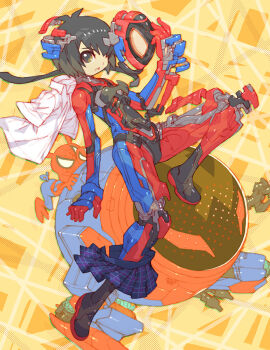 1girl android animification armor black_eyes black_hair black_necktie blue_skirt collared_shirt gloves holding holding_mask looking_at_viewer marvel mask mecha mechabare mechanization nakayama_tooru necktie peni_parker plaid_clothes plaid_skirt power_armor robot shirt short_hair skirt solo sp//dr spider-ham spider-man:_into_the_spider-verse spider-man_(series) spider-verse unworn_mask unworn_necktie unworn_shirt unworn_skirt white_gloves white_shirt