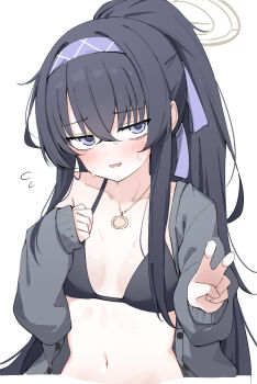 Rule 34 | 1girl, bikini, black bikini, blue archive, breasts, grey sweater, halo, highres, navel, ponytail, simple background, small breasts, solo, sweater, swimsuit, ui (blue archive), ui (swimsuit) (blue archive), white background, yuukun mk-ii