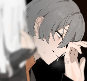 1boy 1girl averting_eyes azz0422 black_background blurry blurry_foreground blush brown_eyes fingerless_gloves gloves grey_hair hair_between_eyes hand_on_own_cheek hand_on_own_face highres leaning_forward male_focus qr_code simple_background solo_focus sweatdrop white_hair wise_(zenless_zone_zero) yixuan_(zenless_zone_zero) zenless_zone_zero