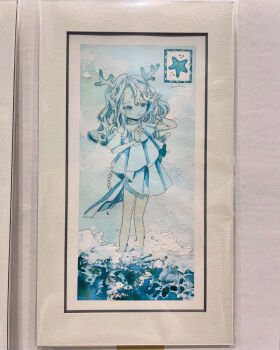 1girl acrylic_paint_(medium) antlers bare_legs border bow commentary_request dress full_body half-closed_eyes hands_up highres horns jewelry karintoun long_hair monochrome necklace ocean original painting_(medium) pale_skin parted_bangs pearl_necklace photo_(medium) picture_frame pleated_dress ribbon short_sleeves signature smile solo splashing standing starfish traditional_media water watercolor_(medium) waves wavy_hair white_border