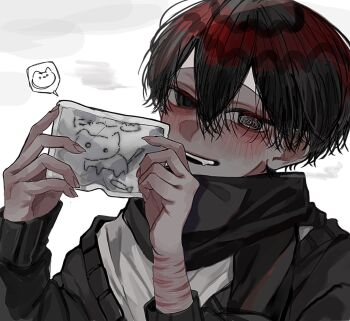 1boy :d @_@ aegyo_sal black_eyes black_hair black_jacket black_scarf commentary_request crossed_bangs double-parted_bangs fang grin hair_between_eyes hands_up holding holding_photo hosikage4040 jacket jacket_partially_removed looking_at_viewer male_focus open_mouth original photo_(object) scar scar_on_arm scarf self-harm shirt short_hair smile solo spoken_expression white_shirt wrist_cutting