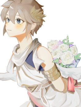 1boy ancient_greek_clothes angel_day armlet belt blue_eyes bouquet brown_belt brown_hair closed_mouth flower gold_armlet greco-roman_clothes hair_between_eyes highres holding holding_bouquet jewelry kid_icarus kid_icarus_uprising laurel_crown male_focus nintendo pale_skin pit_(kid_icarus) rose scarf short_hair sidelocks single_bare_shoulder smile solo white_background white_flower white_rose white_scarf yuuri_snpr