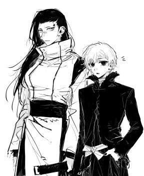 1boy 1girl absurdres bridge_piercing chinese_commentary coat commentary earclip face_piercing facial_tattoo genderswap genderswap_(ftm) genderswap_(mtf) greyscale hair_behind_ear hand_in_pocket high_collar highres holding holding_sword holding_weapon kagurabachi kuguri_(kagurabachi) long_hair looking_at_viewer monochrome notice_lines open_mouth parted_lips piercing qingyao_u3u sash short_hair simple_background star_(symbol) star_tattoo sword tattoo toto_(kagurabachi) weapon