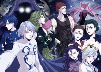 Rule 34 | 3boys, 6+girls, aged up, beruche (sailor moon), bishoujo senshi sailor moon, bishoujo senshi sailor moon r, black gloves, black hair, black lady (sailor moon), black moon clan, blue hair, blue neckwear, braid, braided bangs, brothers, brown hair, calaveras (sailor moon), cape, chibi usa, choker, closed mouth, cone hair bun, crescent, crescent facial mark, double bun, elbow gloves, esmeraude (sailor moon), everyone, facial mark, forehead mark, from behind, gloves, green hair, hair bun, hand fan, koan (sailor moon), lipstick, long hair, makeup, multiple boys, multiple girls, petz (sailor moon), pink hair, prince demande, profile, red lips, rogues' gallery, rubeus (sailor moon), saphir (sailor moon), sash, short hair, siblings, silver hair, sisters, suji, twintails, wiseman (sailor moon)