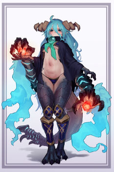 1girl absurdres ahoge bikini black_cape black_eyes blue_hair border breasts cape capelet clawed_feet claws commentary_request commission curled_horns dragon_girl dragon_tail ekrea_jan extra_arms fire fireball full_body gaismagorm gem glowing grey_border highres horns leg_armor long_hair looking_at_viewer medium_breasts monster_girl monster_hunter_(series) monster_hunter_rise navel personification pyrokinesis scales shadow skeb_commission stomach swimsuit tail white_background