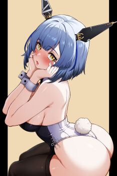 1girl :o alternate_costume ass azur_lane backless_leotard bare_shoulders black_leotard black_nails blue_hair blush breasts commentary_request cross-shaped_pupils embarrassed flustered from_side gascogne_(azur_lane) hair_between_eyes hands_on_own_cheeks hands_on_own_face hands_up headgear highleg highleg_leotard highres leaning_forward leotard looking_at_viewer looking_back medium_breasts medium_hair multicolored_nails rabbit_tail sideboob sitting solo souen_hiro strapless strapless_leotard surprised symbol-shaped_pupils tail thighs two-tone_nails white_nails wrist_cuffs yellow_eyes