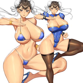 1girl adapted_costume balancing bikini blue_bikini blue_leotard blue_shoes bracelet breasts brown_eyes brown_hair brown_thighhighs bun_cover cameltoe capcom chinese_clothes chun-li cleavage closed_mouth covered_navel curvy female_focus gurimjang high_heels highleg highleg_leotard highres huge_breasts jewelry leotard looking_at_viewer matching_hair/eyes micro_bikini multiple_views narrow_waist navel shoes short_hair simple_background solo spiked_bracelet spikes standing standing_on_one_leg street_fighter street_fighter_6 swimsuit thick_thighs thighhighs thighs white_background wide_hips