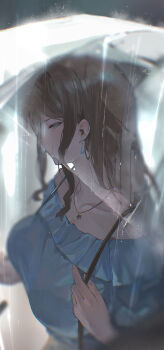 1girl absurdres bang_dream! bang_dream!_it's_mygo!!!!! berserker_r bloom blue_eyes blue_shirt blurry bra_visible_through_clothes breasts brown_hair chinese_commentary chromatic_aberration closed_mouth collarbone commentary_request condensation curly_sidelocks earrings frilled_shirt frills from_above from_side highres holding_strap huashijie_(medium) jewelry large_breasts light_particles long_hair looking_at_viewer looking_to_the_side nagasaki_soyo necklace off-shoulder_shirt off_shoulder profile rain shirt sidelocks sideways_glance solo star_(symbol) star_necklace transparent transparent_umbrella umbrella upper_body