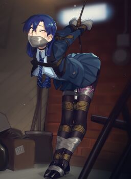1girl absurdres arms_behind_back basement bdsm blue_hair blush bondage bound breasts cad_(caddo) choker crotch_rope female_focus female_orgasm forced_orgasm full_body gag gagged highres hitachi_magic_wand idolmaster improvised_gag indoors jacket kisaragi_chihaya leaning_forward legs_tied_together long_hair long_sleeves necktie open_clothes open_jacket orgasm pleated_skirt remote_control_vibrator second-party_source sex_toy shibari shibari_over_clothes skirt small_breasts solo tape tape_gag taped_hands tearing_up vibrator wince yellow_eyes