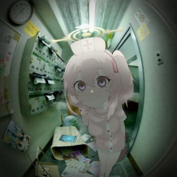 1girl absurdres arms_behind_back bag blue_archive ceiling_light clock closed_mouth dress empty_eyes feet_out_of_frame fisheye hallway halo hat highres holding holding_bag indoors looking_at_viewer no_smoking nurse nurse_cap official_alternate_costume paper_bag photo_background pink_dress pink_hair plentyofempty pov_peephole purple_eyes serina_(blue_archive) serina_(nurse)_(blue_archive) smile solo standing sweat trash trash_can wall_clock wide-eyed yandere yellow_halo