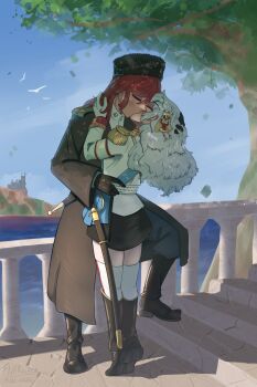 Rule 34 | 1girl, absurdres, alpha (alpha 1918), androgynous, arditi, armband, bird, bishounen, black boots, black coat, black gloves, black skirt, blue sash, blue sky, blush, boots, chokha, closed eyes, coat, collar, collared shirt, commission, commissioner upload, cossack, couple, crimea, cross, cross pendant, dagger, double-headed eagle, epaulettes, falling leaves, fluffkaiser, fluffy, fluffy hair, full body, fur hat, gloves, gold buttons, gold trim, grey pants, hair ornament, hand in another's hair, hat, hetero, highres, jacket, kenneth del duca, kiss, knee boots, knife, leaf, long hair, military, military uniform, miniskirt, non-web source, ocean, original, outdoors, pants, papakha, red hair, russian civil war, russian empire, sash, scimitar, seagull, sheath, sheathed, shirt, shoulder boards, skirt, skull pin, sky, sleeve cuffs, sputnik and pogrom, standing, sword, thighhighs, tiptoes, tree, very long hair, waist sash, weapon, white gloves, white hair, white jacket, white shirt, white thighhighs, wide sleeves, zettai ryouiki