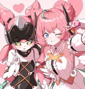 Rule 34 | 2girls, absurdres, ahoge, angel wings, aria (human) (zenless zone zero), aria (robot) (zenless zone zero), aria (zenless zone zero), blue eyes, blush, dress, dual persona, green hair, hashtag-only commentary, heart, highres, humanoid robot, joints, mechanical arms, multicolored hair, multiple girls, neulrain, one eye closed, pink hair, robot, robot girl, robot joints, short twintails, smile, twintails, v, white dress, wings, yellow eyes, zenless zone zero