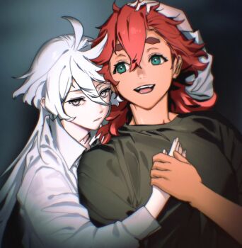 Rule 34 | 2girls, aqua eyes, baesong, black shirt, commentary request, dark-skinned female, dark skin, grey eyes, gundam, gundam suisei no majo, hand in another's hair, hand on another's head, holding hands, korean commentary, long hair, looking at viewer, miorine rembran, multiple girls, open mouth, parted lips, red hair, shirt, smile, suletta mercury, thick eyebrows, white hair, white shirt, yuri