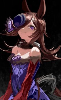 Rule 34 | 1girl, animal ears, bare shoulders, blue dress, blue flower, blue hat, blue rose, breasts, brown hair, closed mouth, commentary request, dress, flipped hair, flower, fur choker, hair over one eye, hat, hat flower, highres, horse ears, horse girl, horse tail, inishie kumo, long hair, long sleeves, looking at viewer, off-shoulder dress, off shoulder, purple eyes, rice shower (rosy dreams) (umamusume), rice shower (umamusume), rose, simple background, small breasts, smile, solo, tail, tilted headwear, umamusume