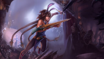 2boys animal_ears brown_hair carrot crossdressing crossdressing_(mtf) fake_animal_ears helmet knife league_of_legends male_focus male_playboy_bunny multiple_boys pantyhose playboy_bunny rabbit_ears short_hair swain_(league_of_legends) talon_(league_of_legends) thumbs_up wongyu wrist_cuffs