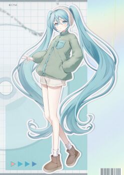 1girl alternate_costume barcode blue_background blue_hair boots brown_boots buttons commentary double-parted_bangs full_body grey_jacket hair_between_eyes hairband hand_in_pocket hatsune_miku highres jacket long_hair long_sleeves looking_at_viewer outline parted_lips short_shorts shorts socks solo standing twintails very_long_hair vocaloid vs0mr white_hairband white_outline white_shorts white_socks