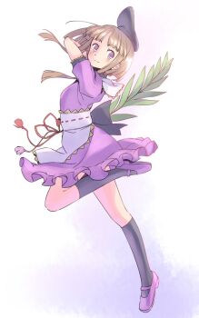 1girl apron arm_across_neck arm_up back_bow black_bow black_hat black_socks blush bow breasts brown_hair commentary_request dress frilled_apron frills full_body hat holding holding_plant kneehighs long_hair long_sidelocks mary_janes medium_breasts myouga_(plant) nishida_satono one-hour_drawing_challenge pink_background plant puffy_short_sleeves puffy_sleeves purple_dress purple_eyes purple_shoes rangycrow shoes short_sleeves sidelocks smile socks solo split_mouth tate_eboshi touhou white_apron