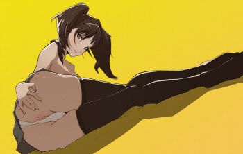 1girl anus anus_peek ass ass_press black_thighhighs blush breasts brown_hair cleavage cowpersurfer dutch_angle eyelashes grabbing_own_ass highres huge_ass kujikawa_rise legs_together lips long_hair looking_at_viewer looking_back lying miniskirt nipples on_side panties persona persona_4 pink_background shiny_skin simple_background skindentation skirt smile solo spread_ass thighhighs thong twintails underwear upper_body white_panties yellow_background yellow_eyes