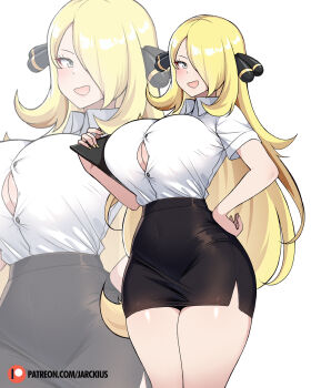 1girl artist_name black_skirt blonde_hair breasts button_gap buttons collared_shirt commentary cynthia_(pokemon) english_commentary folder grey_eyes hair_ornament hair_over_one_eye hand_on_own_hip high-waist_skirt highres holding holding_folder jarckius large_breasts long_hair looking_at_viewer miniskirt nintendo office_lady open_clothes open_mouth patreon_logo patreon_username pokemon pokemon_dppt shirt simple_background skirt thighs very_long_hair watermark web_address white_shirt zoom_layer