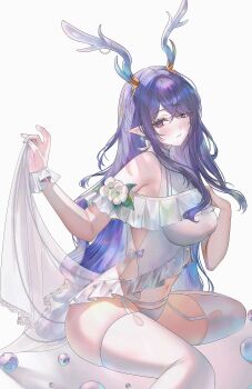 Rule 34 | 1girl, absurdres, alternate costume, antlers, bikini, breasts, commentary request, deer antlers, deer girl, earrings, garter straps, genshin impact, hand up, highres, horns, jewelry, large breasts, lauma (genshin impact), long hair, looking at viewer, navel, parted lips, pointy ears, pudding cream, purple hair, simple background, sitting, solo, stomach, swimsuit, thighhighs, very long hair, white background, white bikini, white garter straps, white thighhighs