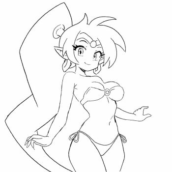 1girl animated animated_gif bikini bouncing_breasts breasts cleavage collarbone dancing earrings hoop_earrings jewelry long_hair looking_at_viewer medium_breasts monochrome navel o-ring o-ring_bikini pointy_ears ponytail shantae shantae_(series) side-tie_bikini_bottom smile soy-chan standing swimsuit tiara wayforward