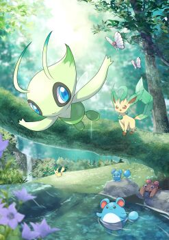 azurill blue_eyes butterfree celebi closed_mouth commentary_request day flower flying forest gen_1_pokemon gen_2_pokemon gen_3_pokemon gen_4_pokemon highres leafeon legendary_pokemon marian_oekaki marill moss mythical_pokemon nature nintendo no_humans outdoors paras pikachu pokemon pokemon_(creature) purple_flower smile sparkle tree water