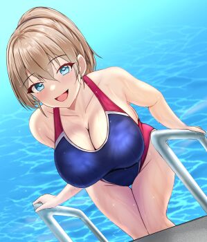 1girl blue_eyes blue_one-piece_swimsuit blush breasts brown_hair cleavage collarbone competition_swimsuit cowboy_shot groin hair_between_eyes highleg highleg_one-piece_swimsuit highres intrepid_(kancolle) kantai_collection large_breasts leaning_forward looking_at_viewer montemasa multicolored_swimsuit one-piece_swimsuit open_mouth ponytail pool pool_ladder poolside short_hair smile solo swimsuit thigh_gap two-tone_swimsuit water wet wet_clothes wet_swimsuit