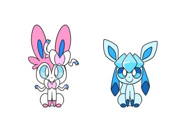 animal_focus animated animated_gif blue_eyes blue_hair bow bright_pupils closed_mouth frown gen_4_pokemon gen_6_pokemon glaceon happy looping_animation nintendo no_humans pokemon pokemon_(creature) ribbon robosylveon sidelocks sitting smile source_request sylveon white_pupils
