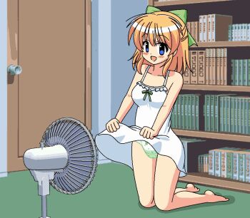 1girl animated animated_gif barefoot blonde_hair blue_eyes blush book bookshelf electric_fan fanning_crotch full_body green_panties green_ribbon hair_ribbon happy hot indoors looping_animation medium_hair nodoame57 original panties ribbon sleeveless smile solo summer underwear