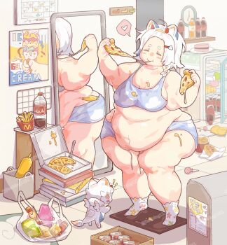 1girl animal_ears belly belly_hang big_belly blonde_hair blue_hair blue_shorts blue_sports_bra blush bottle breasts cheese cheese_trail closed_eyes closed_mouth eating fat fat_woman food french_fries full-length_mirror hair_ornament hairband hairclip heart highres holding holding_food holding_pizza indoors mascot mcdonald&#039;s medium_breasts mirror multicolored_hair navel original pancake33 pizza pizza_box short_shorts shorts sleeveless smile socks soda_bottle solo spoken_heart sports_bra standing thick_thighs thighs topknot twitter_username watermark weighing_scale weight_gain white_hair white_socks wide_hips