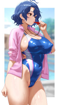 1girl absurdres antenna_hair blue_hair blurry blurry_background border breasts cameltoe cleavage commentary_request competition_swimsuit covered_erect_nipples covered_navel highleg highleg_one-piece_swimsuit highres holding holding_whistle huge_breasts idolmaster idolmaster_million_live! jacket jacket_over_hoodie looking_ahead one-piece_swimsuit outside_border pink_jacket short_hair solo swimsuit toritori_miri toyokawa_fuka track_jacket whistle whistle_around_neck white_border