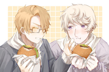 2boys ahoge america_(hetalia) axis_powers_hetalia blonde_hair blush border burger checkered_background closed_eyes closed_mouth commentary_request eating food glasses grey-framed_eyewear grey_jacket grey_sweater hands_up harutoro_39487 holding holding_burger holding_food hood hoodie jacket lapels long_sleeves looking_at_another male_focus multiple_boys open_clothes open_jacket orange_background outside_border puffy_long_sleeves puffy_sleeves purple_eyes russia_(hetalia) scarf semi-rimless_eyewear short_hair smile sweater teeth upper_body v-shaped_eyebrows white_border white_hair white_hoodie white_scarf