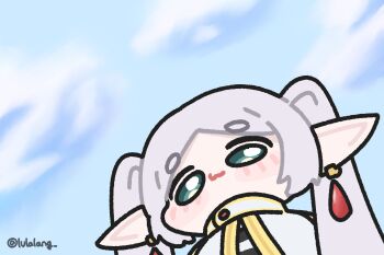 1girl blue_background capelet closed_mouth earrings elf floating_earrings frieren from_below green_eyes highres jewelry long_hair looking_at_viewer lulalang meme parted_bangs pointy_ears solo sousou_no_frieren teardrop_earrings twintails upper_body upward_angle_frieren_drawing_(meme) white_capelet white_hair