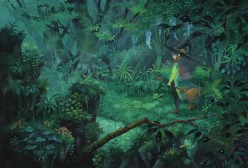 1girl black_hat black_pants blue_flower boots broom brown_boots brown_feathers bush coat commentary earrings english_commentary feathers flower forest from_behind full_body grass green_coat green_theme hat hat_feather hat_ribbon heikala highres holding holding_broom jewelry leaf long_hair long_sleeves looking_at_viewer looking_back mushroom nature night original outdoors painting_(medium) pants plant purple_hair purple_ribbon rain ribbon river scenery solo standing tassel tassel_earrings traditional_media tree walking water watercolor_(medium) wide_shot witch witch_hat