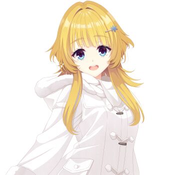 1girl :d absurdres alternate_costume blonde_hair blue_eyes blunt_bangs coat commentary_request eyelashes fur-trimmed_hood fur_trim hair_intakes hair_ornament hairclip happy highres hood hood_down kaon_zz limelight_lemonade_jam long_hair long_sleeves looking_at_viewer making-of_available open_mouth paid_reward_available round_teeth shimakoshi_tsukimi simple_background smile snowflake_hair_ornament solo teeth upper_body upper_teeth_only white_background white_coat winter_clothes yellow_eyes