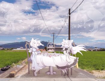 &gt;_&lt; 2girls ^_^ ahoge animal_ears apron ashi_izumo black_dress blue_dress cake cat_ears cat_girl closed_eyes cloud cloudy_sky commentary cup day dress drinking food frilled_dress frills grass highres holding holding_cup holding_teapot long_hair long_sleeves medium_hair mountainous_horizon multiple_girls open_mouth original outdoors photo_background power_lines sky smile tablecloth teacup teapot tiered_tray white_apron white_hair wind