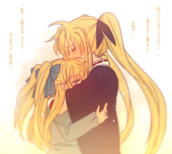 Rule 34 | 2girls, aki (neyuki41028), alicia testarossa, blonde hair, blush, crying, fate testarossa, hair ribbon, hug, long hair, long sleeves, lyrical nanoha, mahou shoujo lyrical nanoha, mahou shoujo lyrical nanoha a's, multiple girls, ribbon, siblings, sisters, tears, translation request, twintails, two side up, very long hair