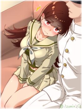 Rule 34 | 1boy, 1girl, admiral (kancolle), between legs, blush, breasts, brown hair, buttons, closed mouth, collarbone, commentary request, couch, embarrassed, hand between own legs, highres, izumi kuma, kantai collection, leaning on person, legs together, long hair, looking at another, medium breasts, midriff, military uniform, miniskirt, navel, neckerchief, nose blush, on couch, ooi (kancolle), pants, pleated skirt, red eyes, sailor collar, school uniform, shirt, sitting, skirt, solo focus, straight hair, surprised, sweatdrop, twitter username, wavy mouth, white pants, white shirt, yellow neckerchief, yellow sailor collar, yellow shirt